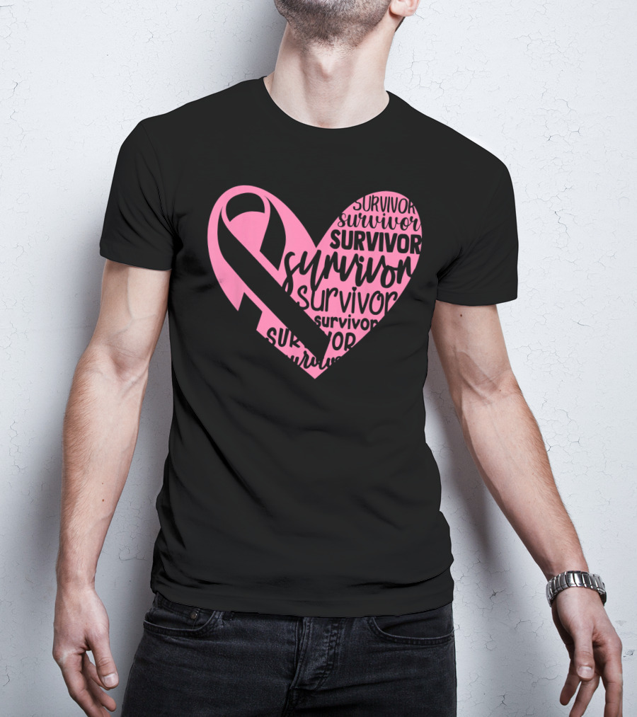 Survivor Pink Ribbon Heart Breast Cancer Pin T-Shirt