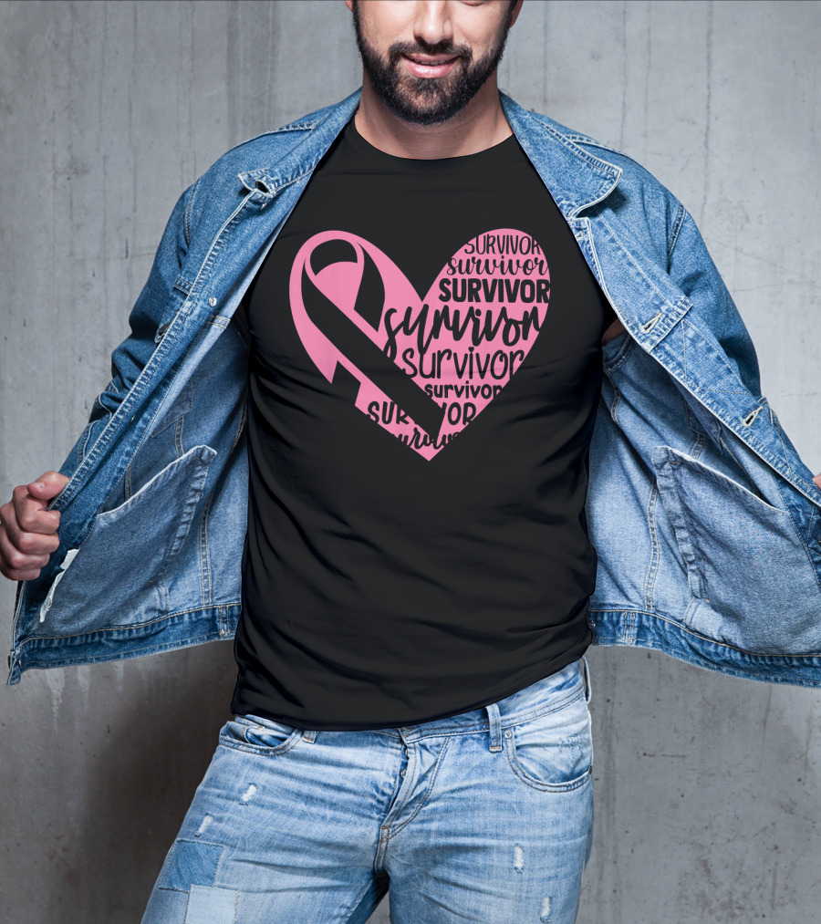 Survivor Pink Ribbon Heart Breast Cancer Pin T-Shirt