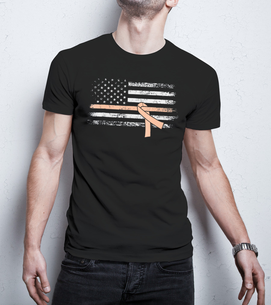 American Flag With Peach Ribbon For Uterine Cancer Awareness T-Shirt