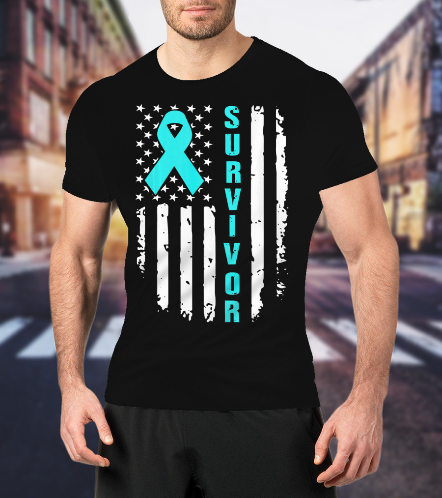 Survivor Ovarian Cancer Awareness American Flag T-Shirt