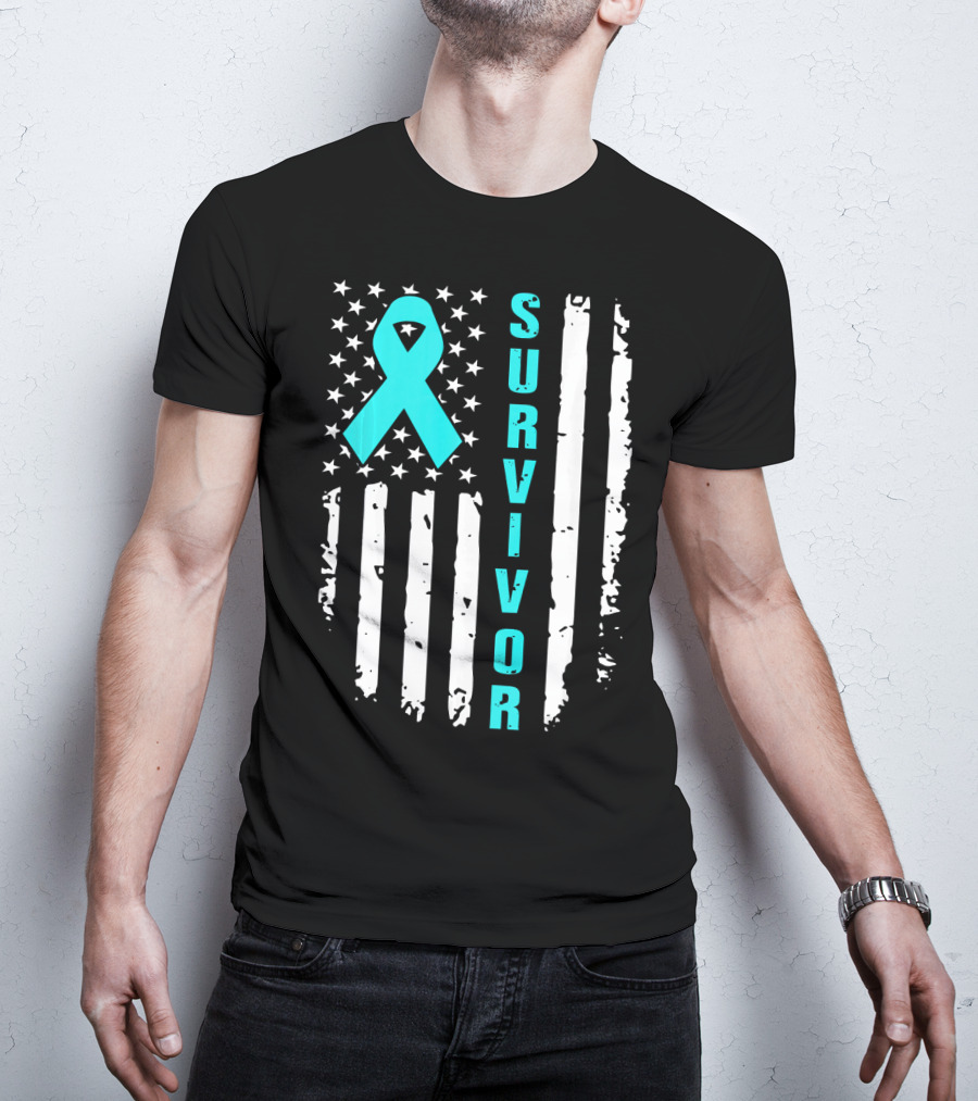 Survivor Ovarian Cancer Awareness American Flag T-Shirt