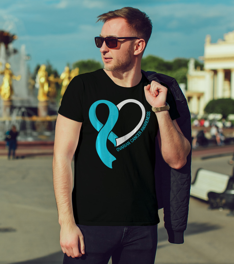 Ovarian Cancer Teal Heart Ribbon Awareness T-Shirt