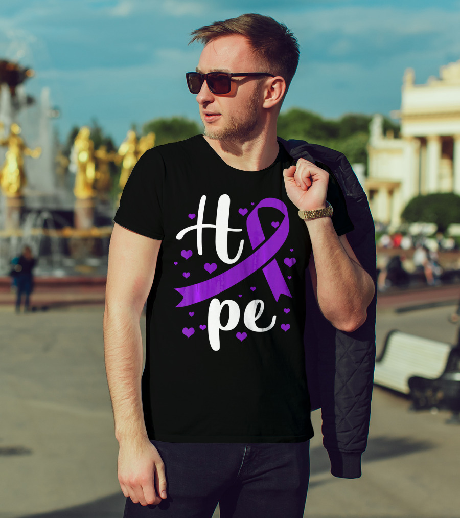 Hope Pancreatic Cancer Awareness Women Purple Ribbon Hearts T-Shirt