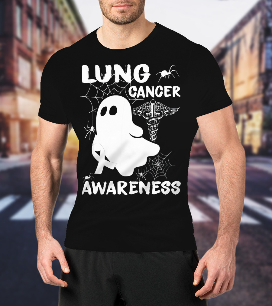 Lung Cancer Awareness Boo Ghost With Spider Webs And Spider T-Shirt