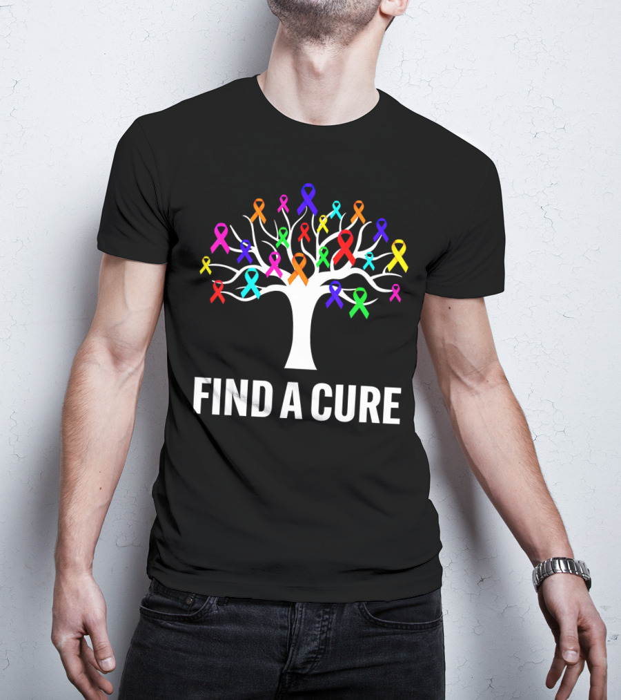 Find A Cure Rainbow Ribbons Cancer Awareness Tree T-Shirt
