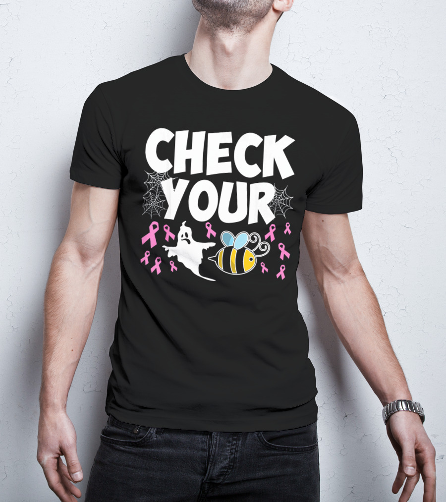 CHECK YOUR BOO BEES Breast Cancer Awareness Halloween Ghost And Bee With Ribbons T-Shirt