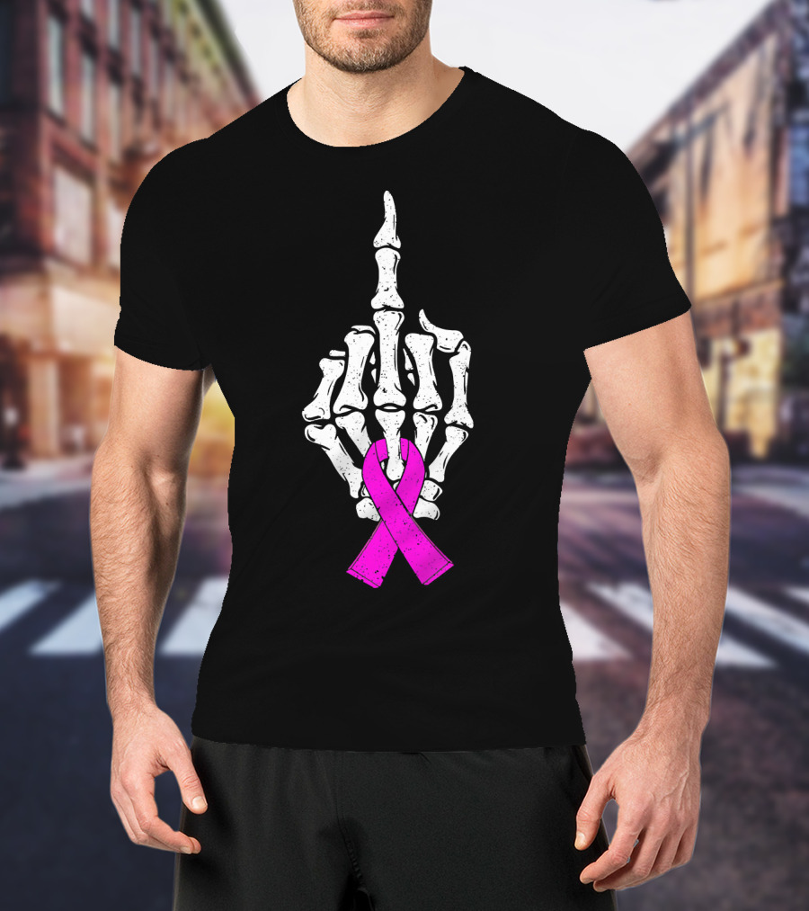 Breast Cancer Skeleton Middle Finger Pink Ribbon Awareness T-Shirt