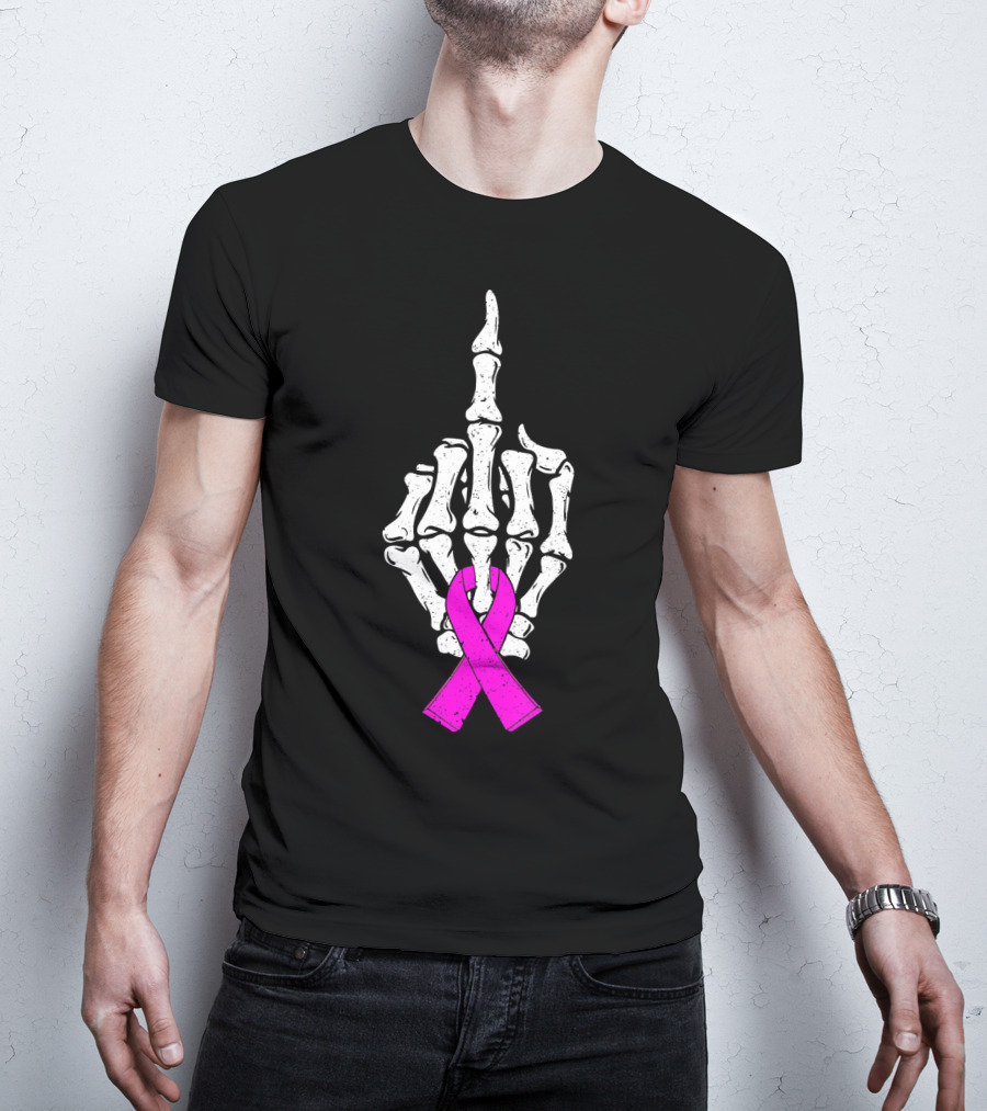 Breast Cancer Skeleton Middle Finger Pink Ribbon Awareness T-Shirt