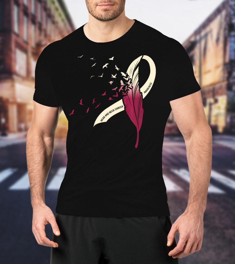 Head And Neck Cancer Awareness Feather Ribbon With Birds T-Shirt