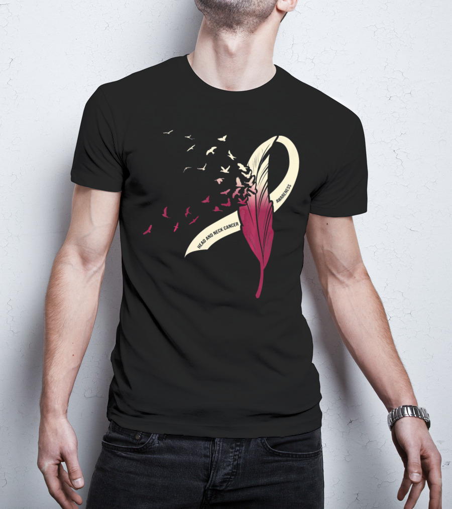 Head And Neck Cancer Awareness Feather Ribbon With Birds T-Shirt
