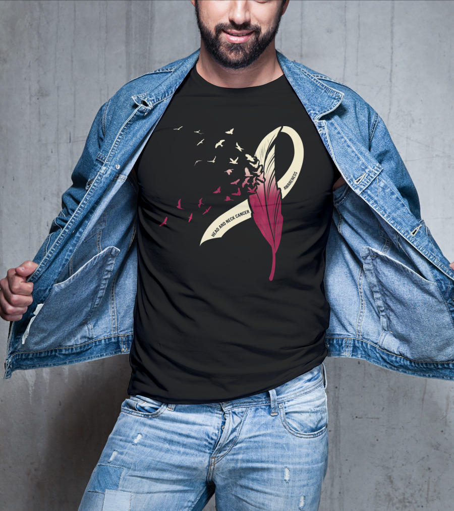 Head And Neck Cancer Awareness Feather Ribbon With Birds T-Shirt
