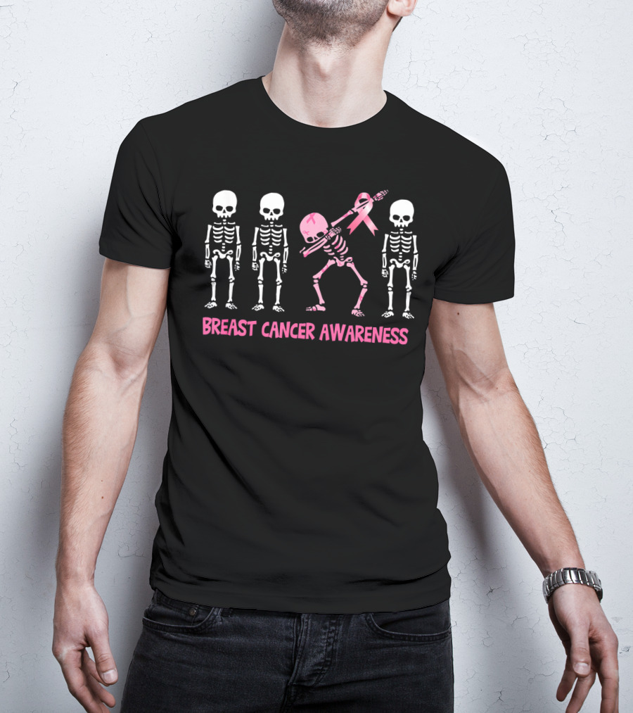 Dabbing Skeleton Pink Ribbon Breast Cancer Awareness T-Shirt
