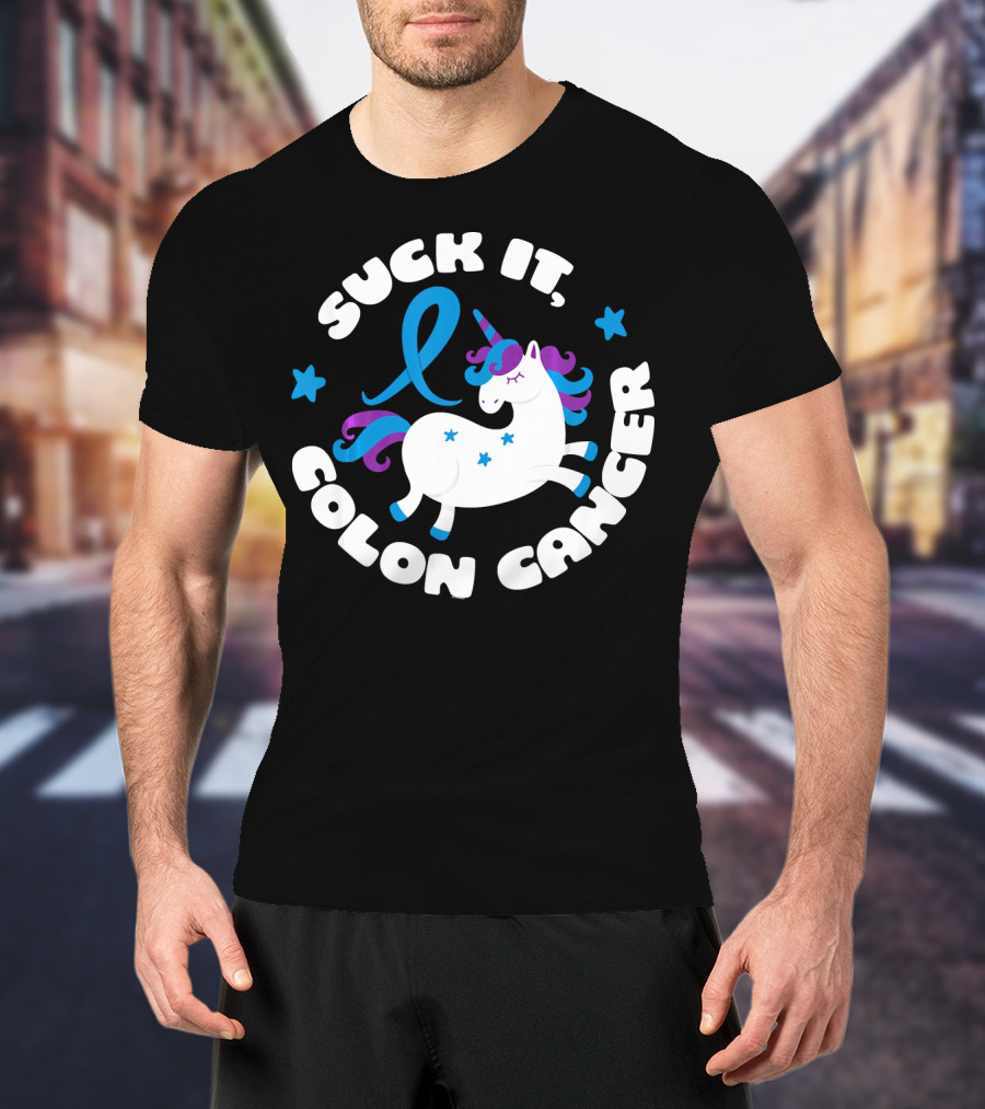 Colon Cancer Awareness Unicorn Suck It Fun T-Shirt