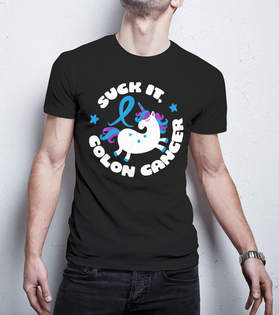 Colon Cancer Awareness Unicorn Suck It Fun T-Shirt