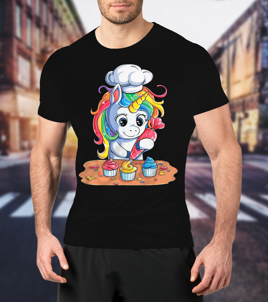 Unicorn Rainbow Chef Decorating Cupcakes Girls Magic T-Shirt