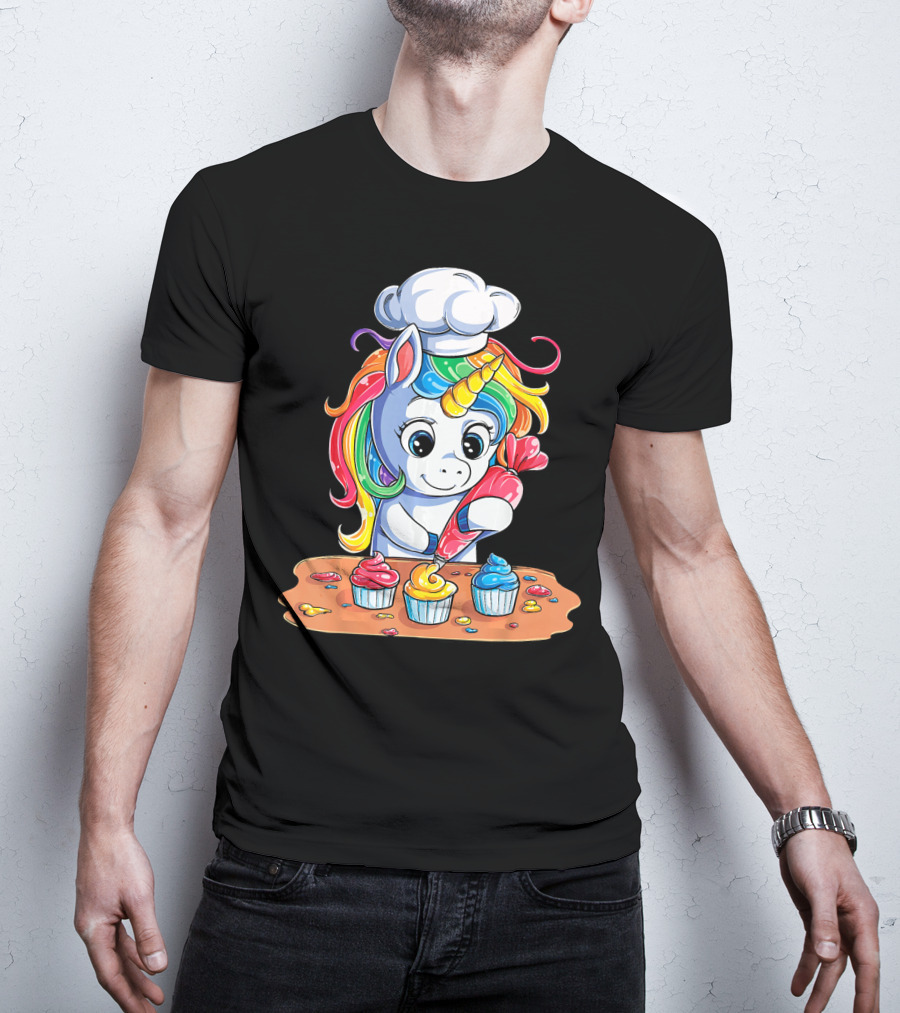 Unicorn Rainbow Chef Decorating Cupcakes Girls Magic T-Shirt