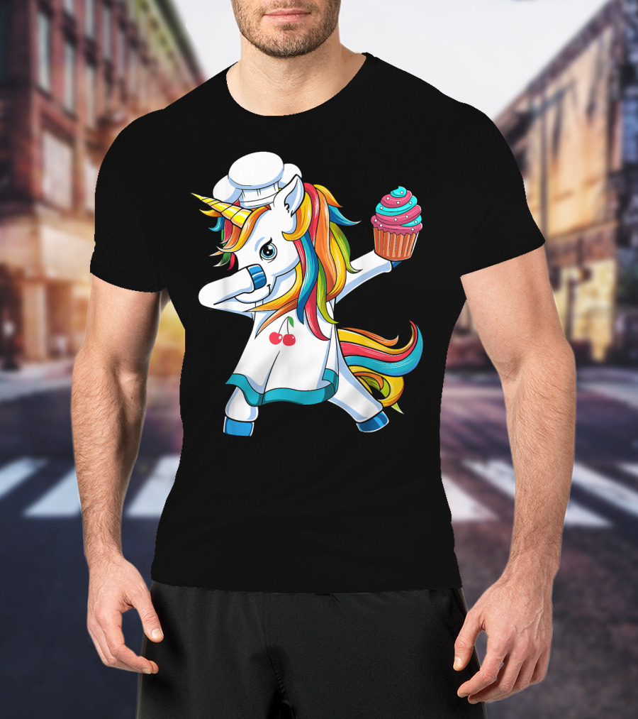 Dabbing Unicorn Rainbow Chef With Cupcake T-Shirt