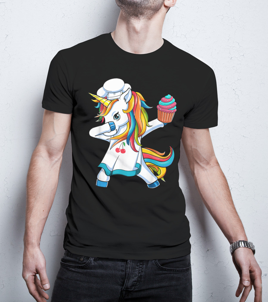 Dabbing Unicorn Rainbow Chef With Cupcake T-Shirt