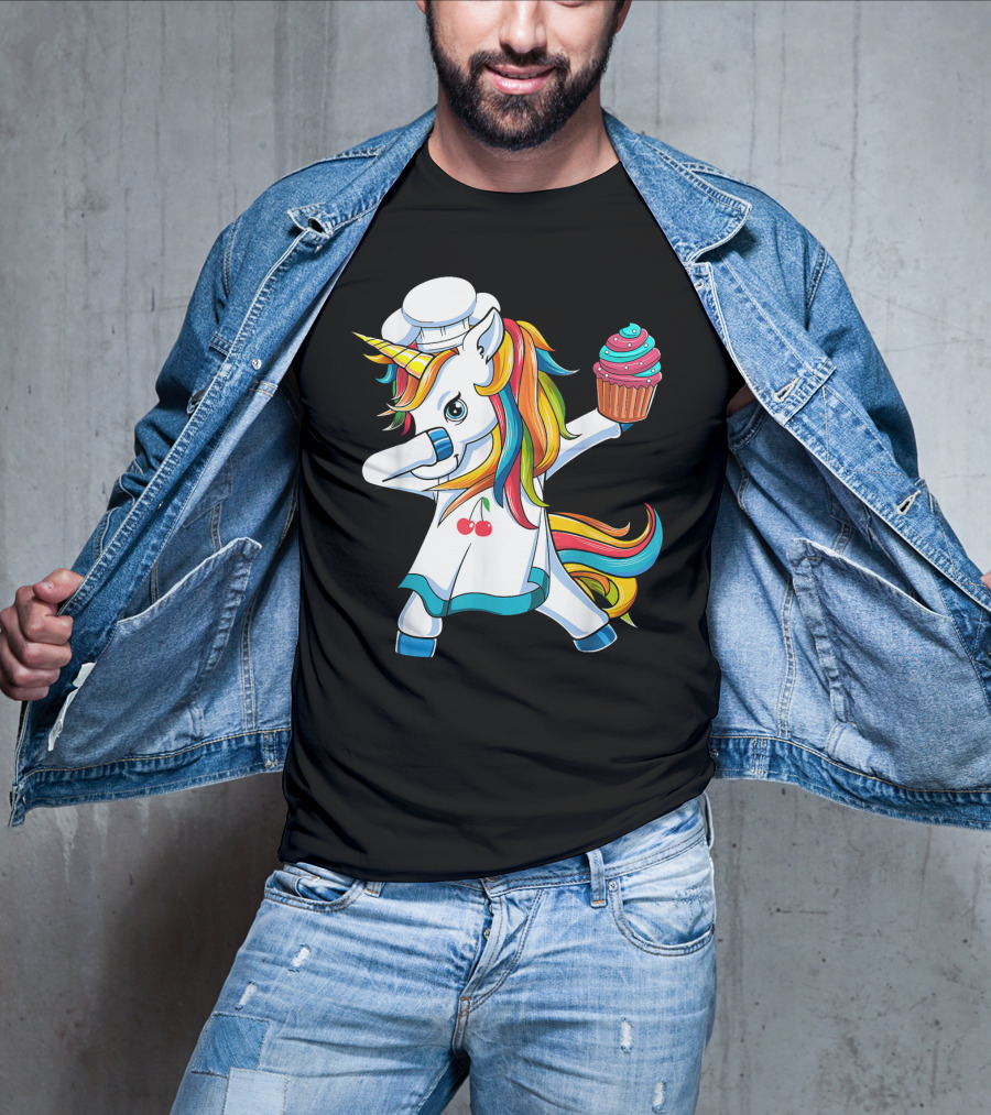 Dabbing Unicorn Rainbow Chef With Cupcake T-Shirt