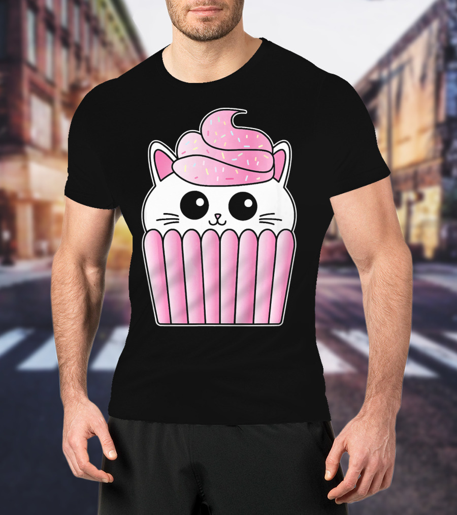 Kawaii Cat Cupcake Muffin In Pink Sweet Delight T-Shirt
