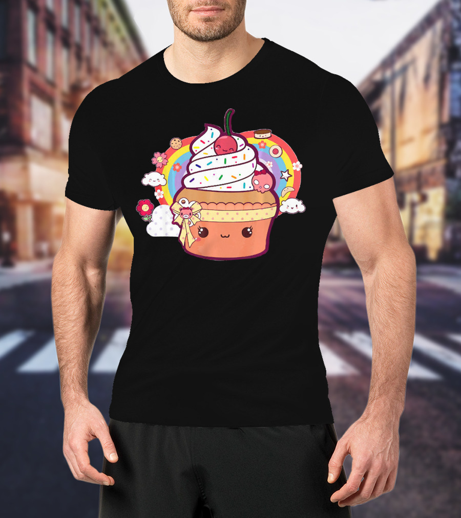 Funny Kawaii Chibi Cupcake With Rainbow And Cute Food Elements T-Shirt
