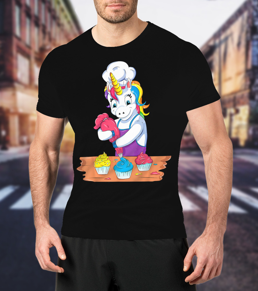 Unicorn Baking Colorful Cupcake Creations Chef T-Shirt
