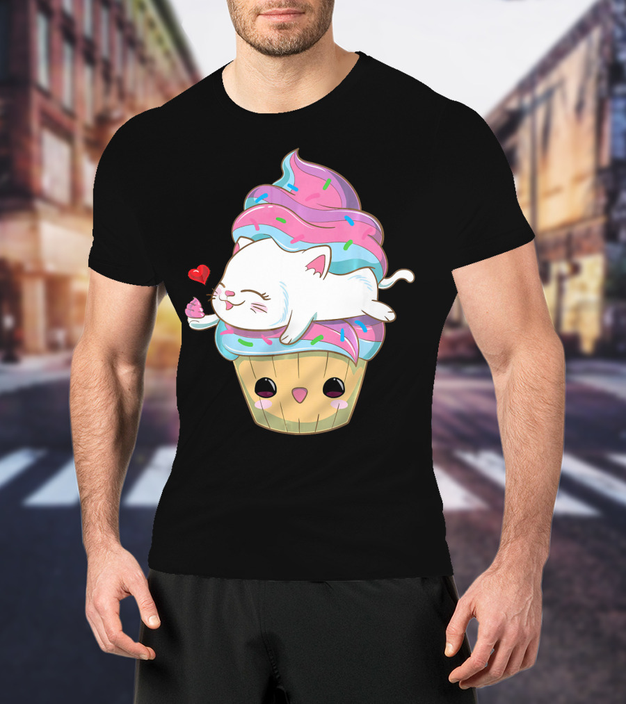 Cute Kawaii Cat On Pastel Sprinkles Cupcake With Heart Balloon T-Shirt