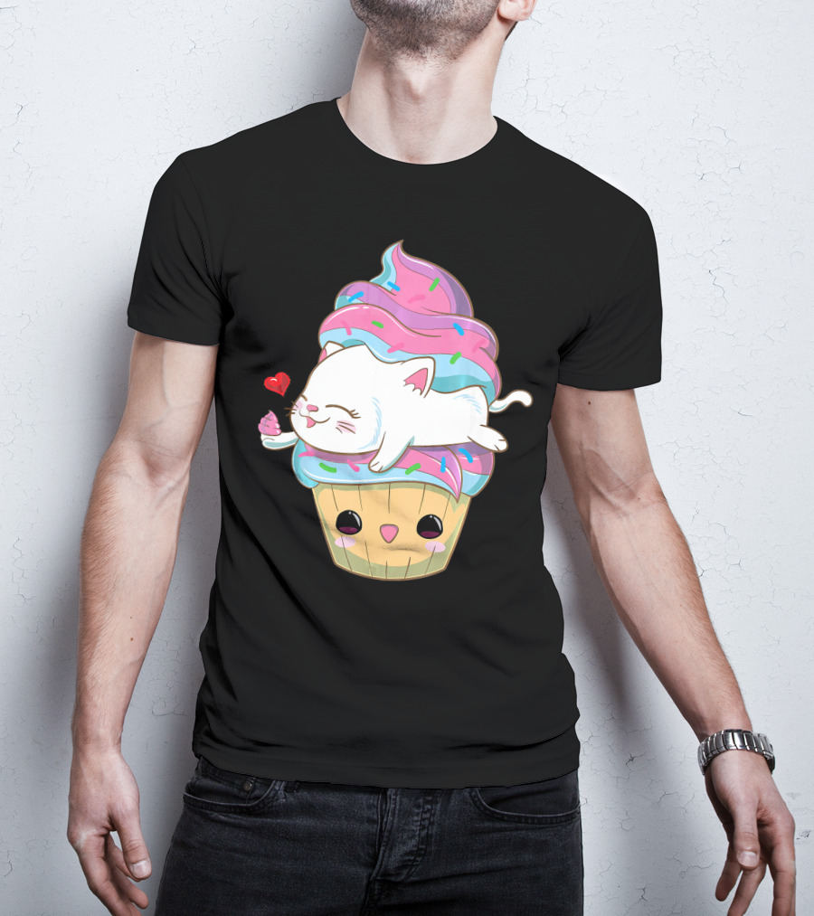 Cute Kawaii Cat On Pastel Sprinkles Cupcake With Heart Balloon T-Shirt