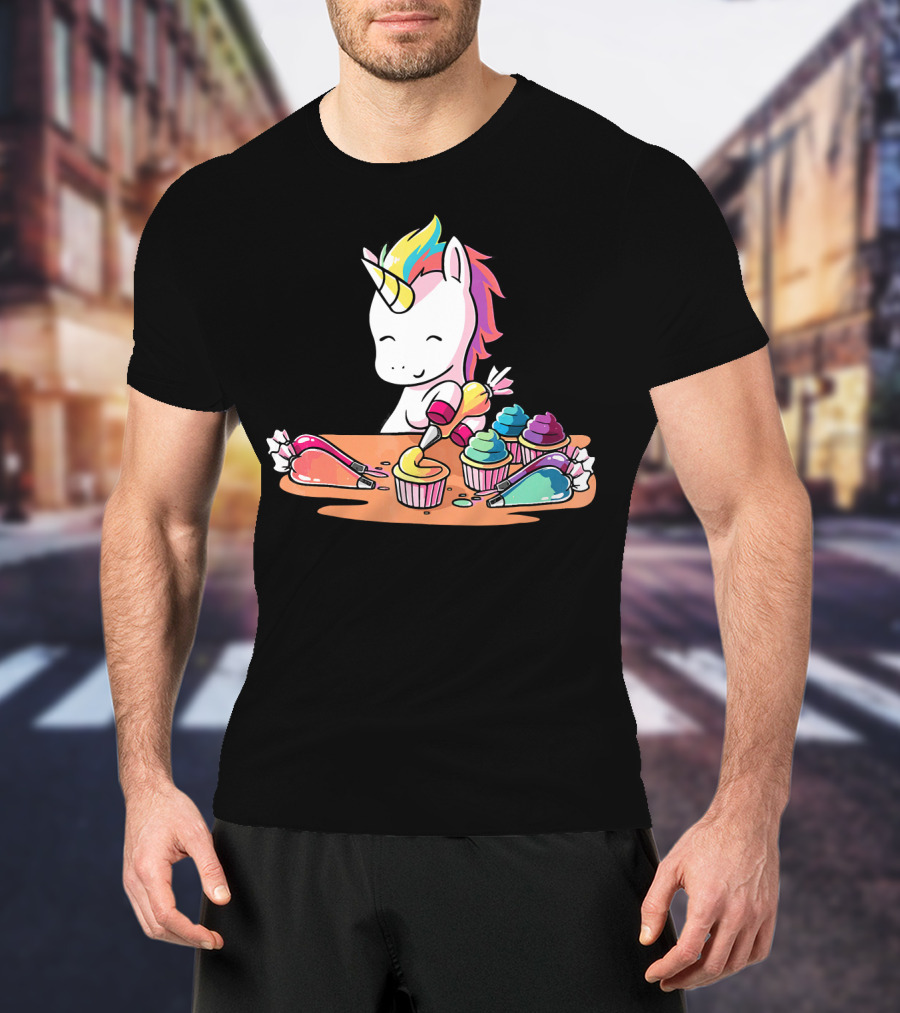 Unicorn Decorating Colorful Cupcakes With Rainbow Frosting T-Shirt