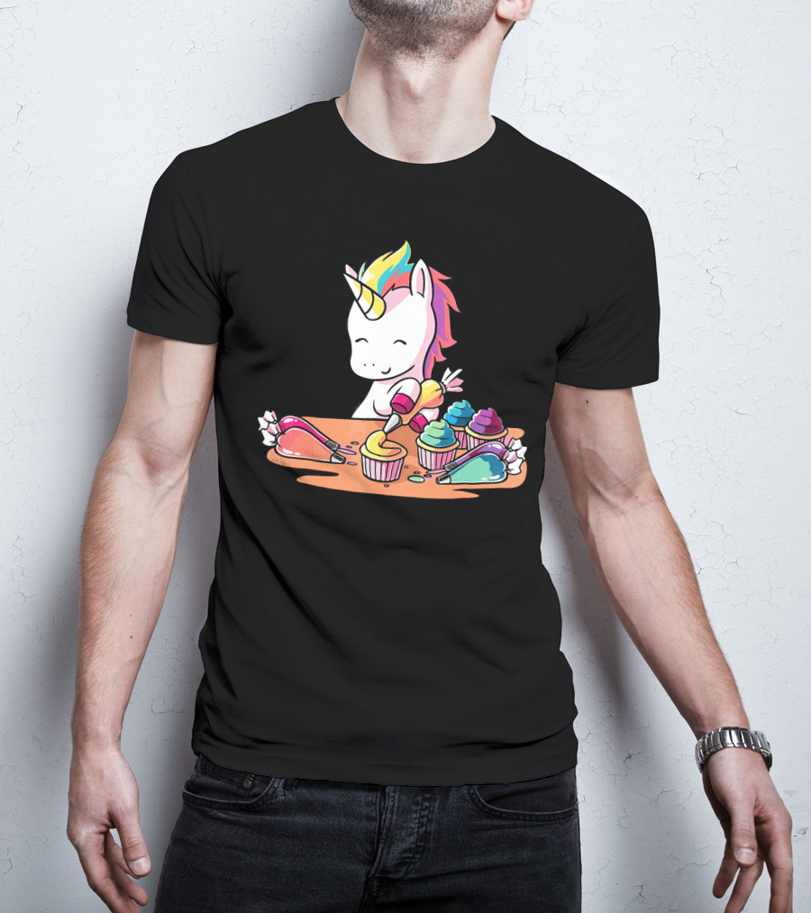 Unicorn Decorating Colorful Cupcakes With Rainbow Frosting T-Shirt
