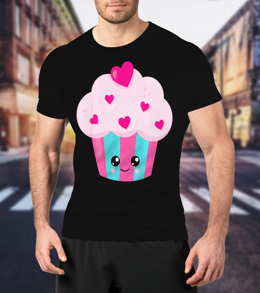 Kawaii Pink Hearts Cupcake With Cute Happy Face T-Shirt