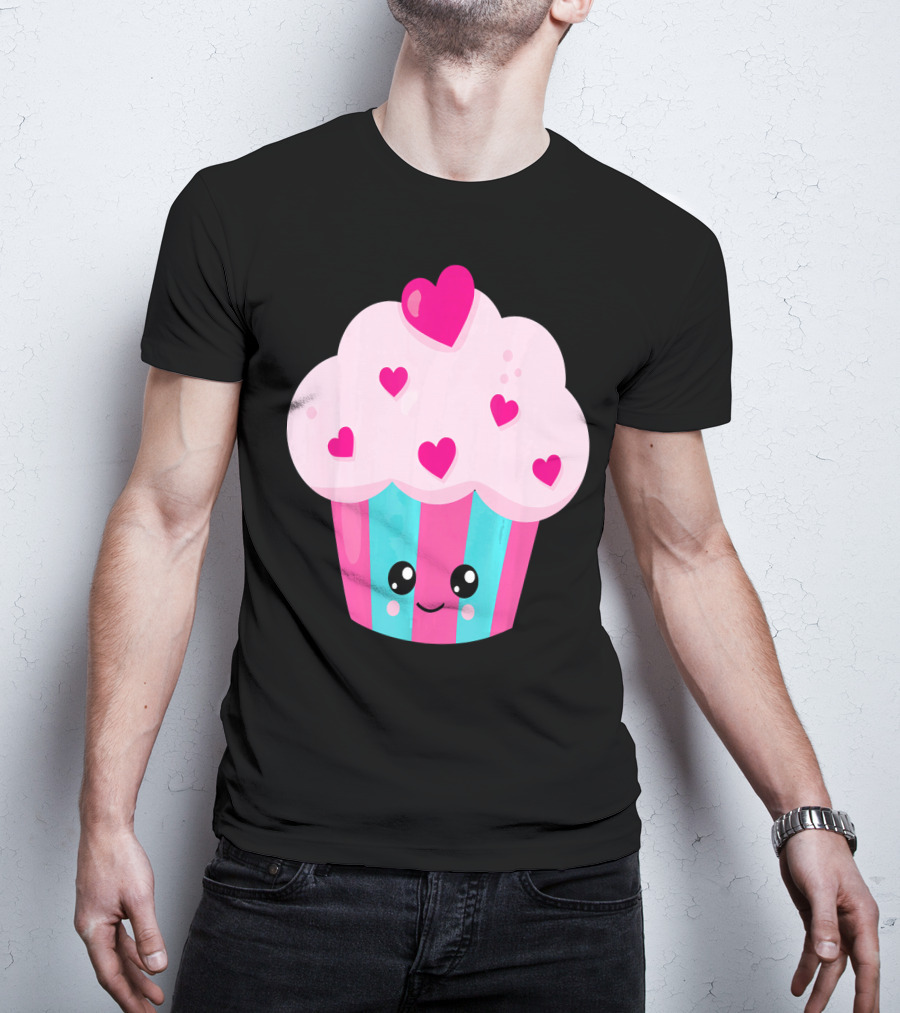 Kawaii Pink Hearts Cupcake With Cute Happy Face T-Shirt