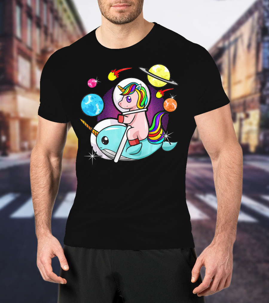 Unicorn Riding Narwhal Space Adventure With Planets And Astronaut Helmet T-Shirt
