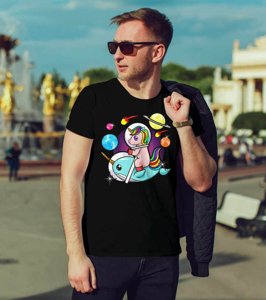 Unicorn Riding Narwhal Space Adventure With Planets And Astronaut Helmet T-Shirt