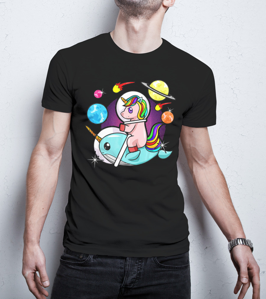Unicorn Riding Narwhal Space Adventure With Planets And Astronaut Helmet T-Shirt