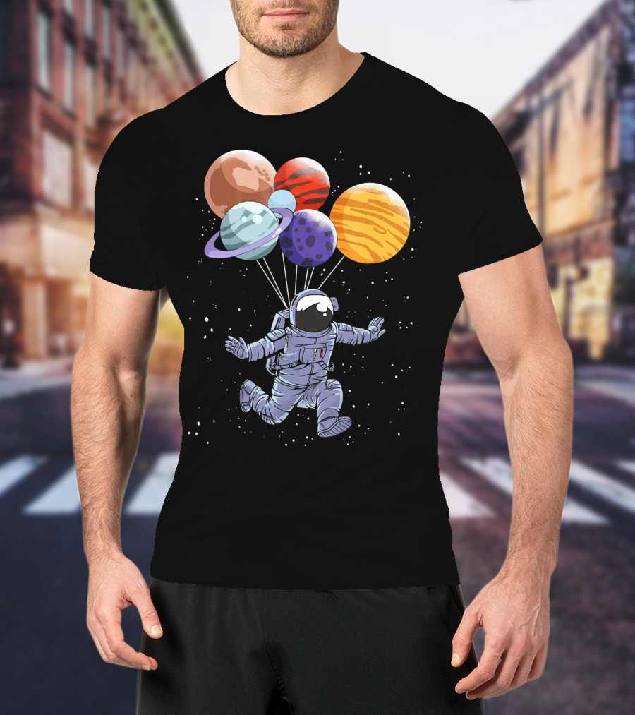 Astronaut Floating With Planet Balloons In Space Boys T-Shirt