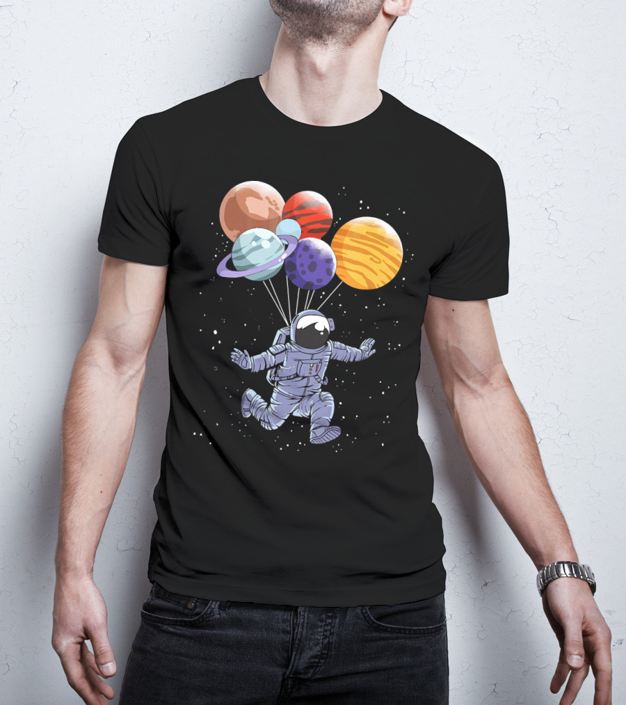 Astronaut Floating With Planet Balloons In Space Boys T-Shirt
