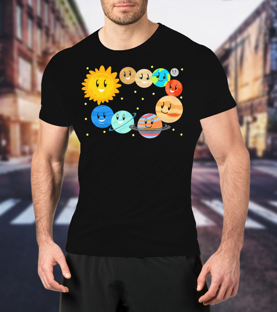Kids Solar System Science Planets Learning Smiling Sun And Stars T-Shirt