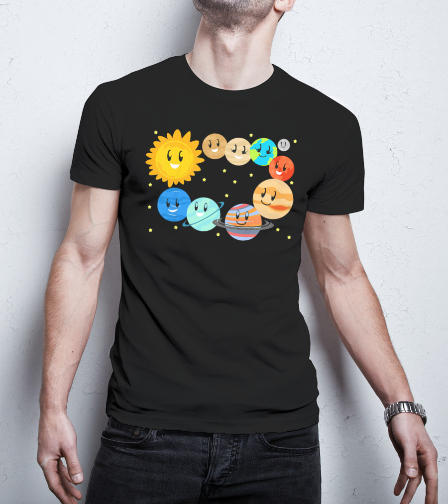 Kids Solar System Science Planets Learning Smiling Sun And Stars T-Shirt