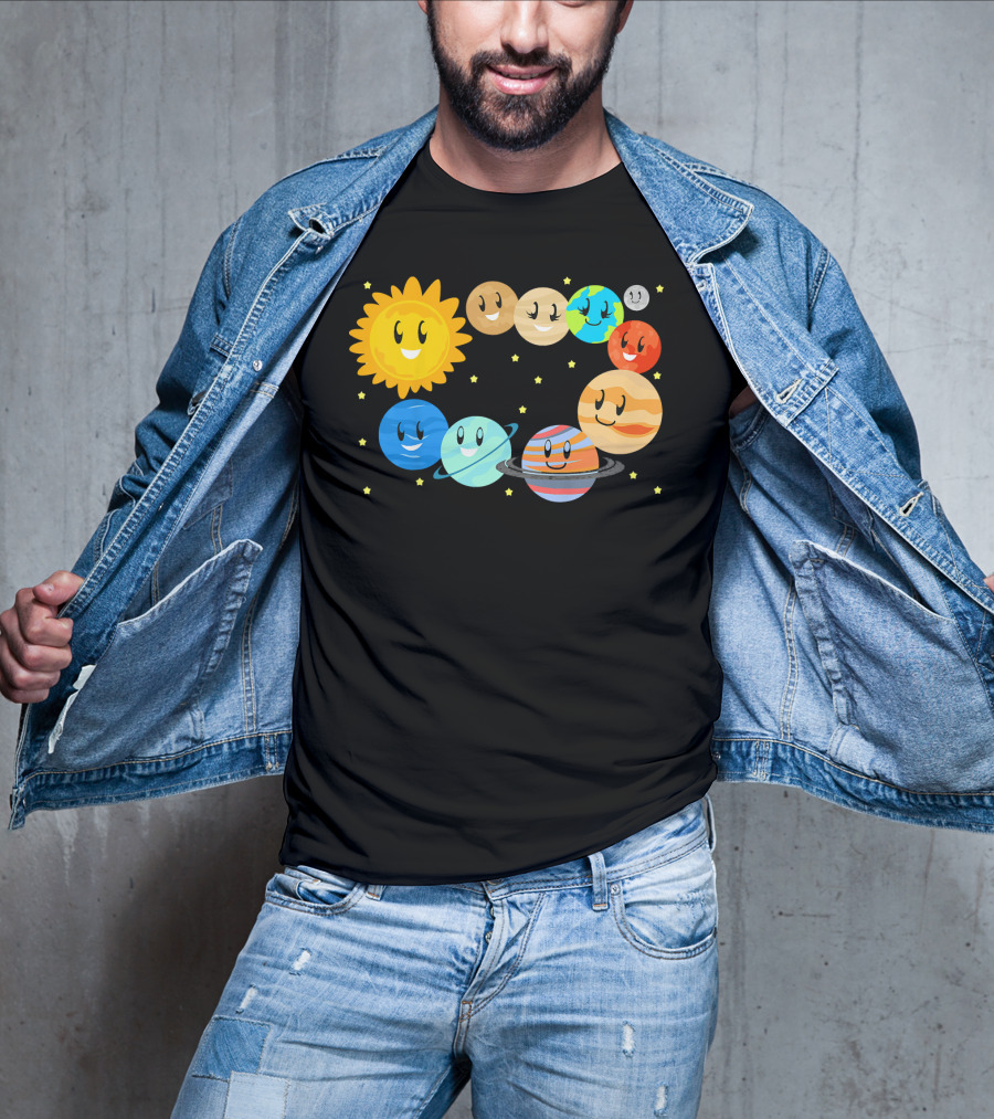 Kids Solar System Science Planets Learning Smiling Sun And Stars T-Shirt