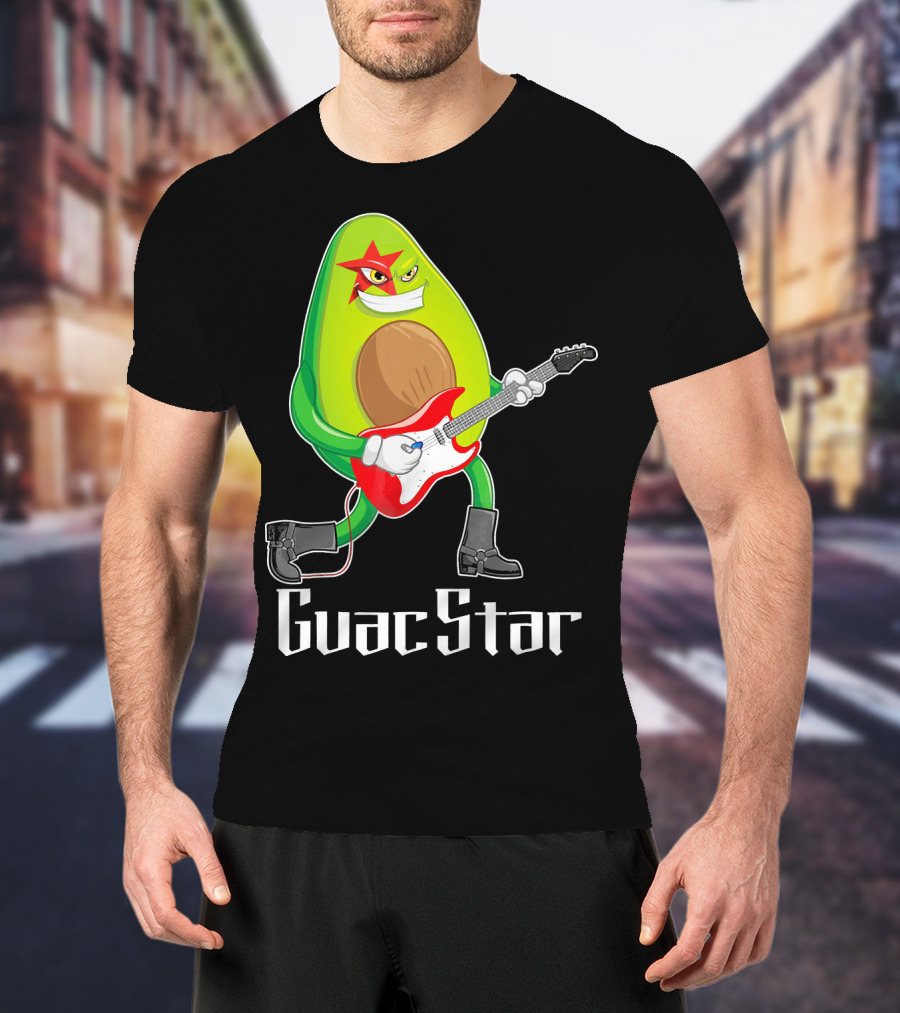 Guac Star Avocado Rock Star Playing Guitar With Red Boots T-Shirt