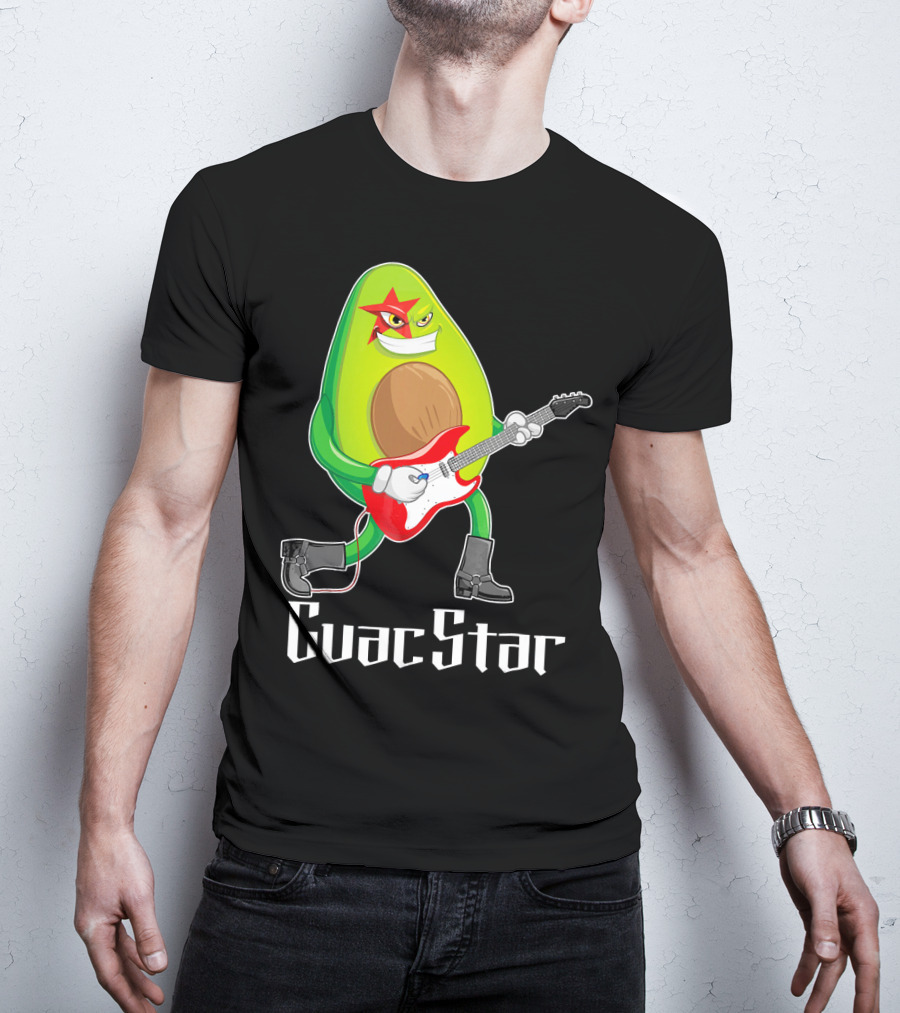 Guac Star Avocado Rock Star Playing Guitar With Red Boots T-Shirt