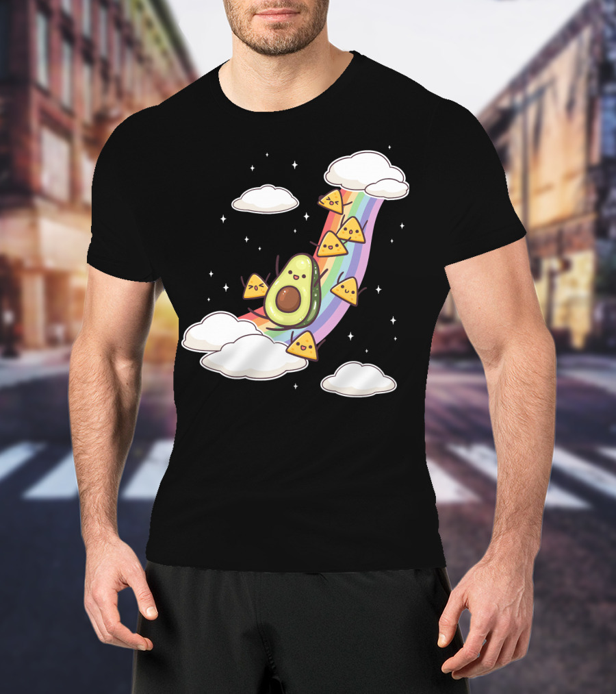 Avocado Nachos Riding A Rainbow With Clouds And Stars Guacamole Fun T-Shirt