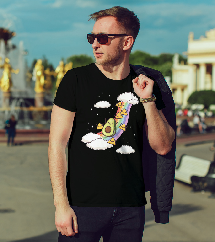 Avocado Nachos Riding A Rainbow With Clouds And Stars Guacamole Fun T-Shirt