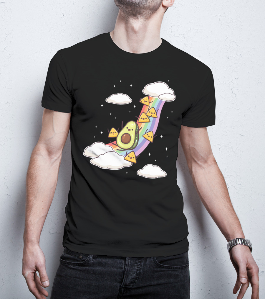 Avocado Nachos Riding A Rainbow With Clouds And Stars Guacamole Fun T-Shirt