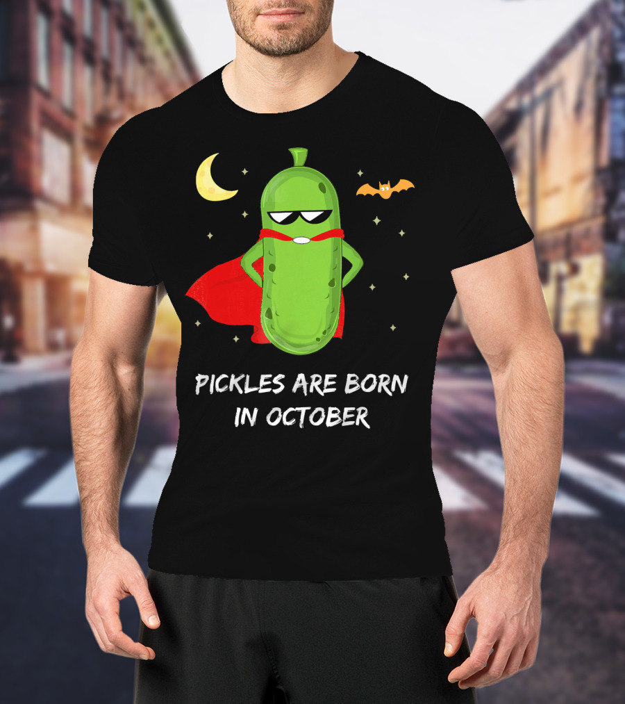 Superhero Pickles With Cape And Halloween Moon Born In October T-Shirt
