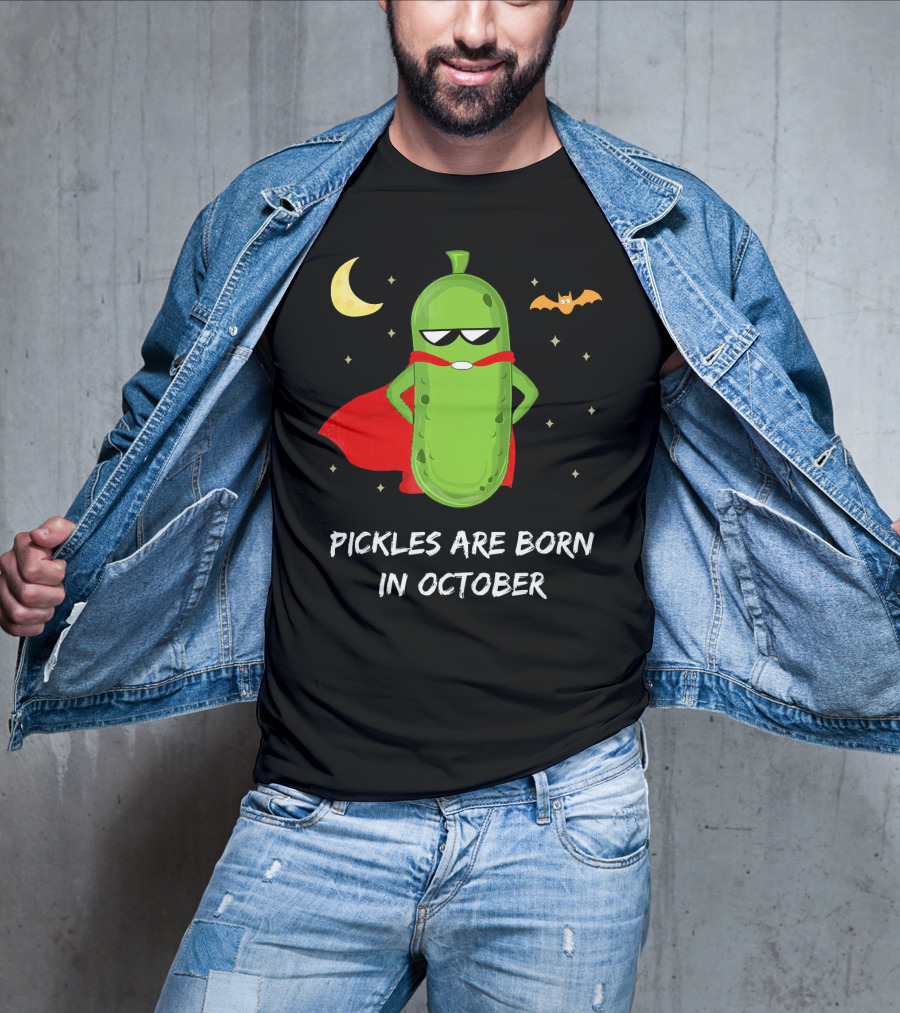 Superhero Pickles With Cape And Halloween Moon Born In October T-Shirt