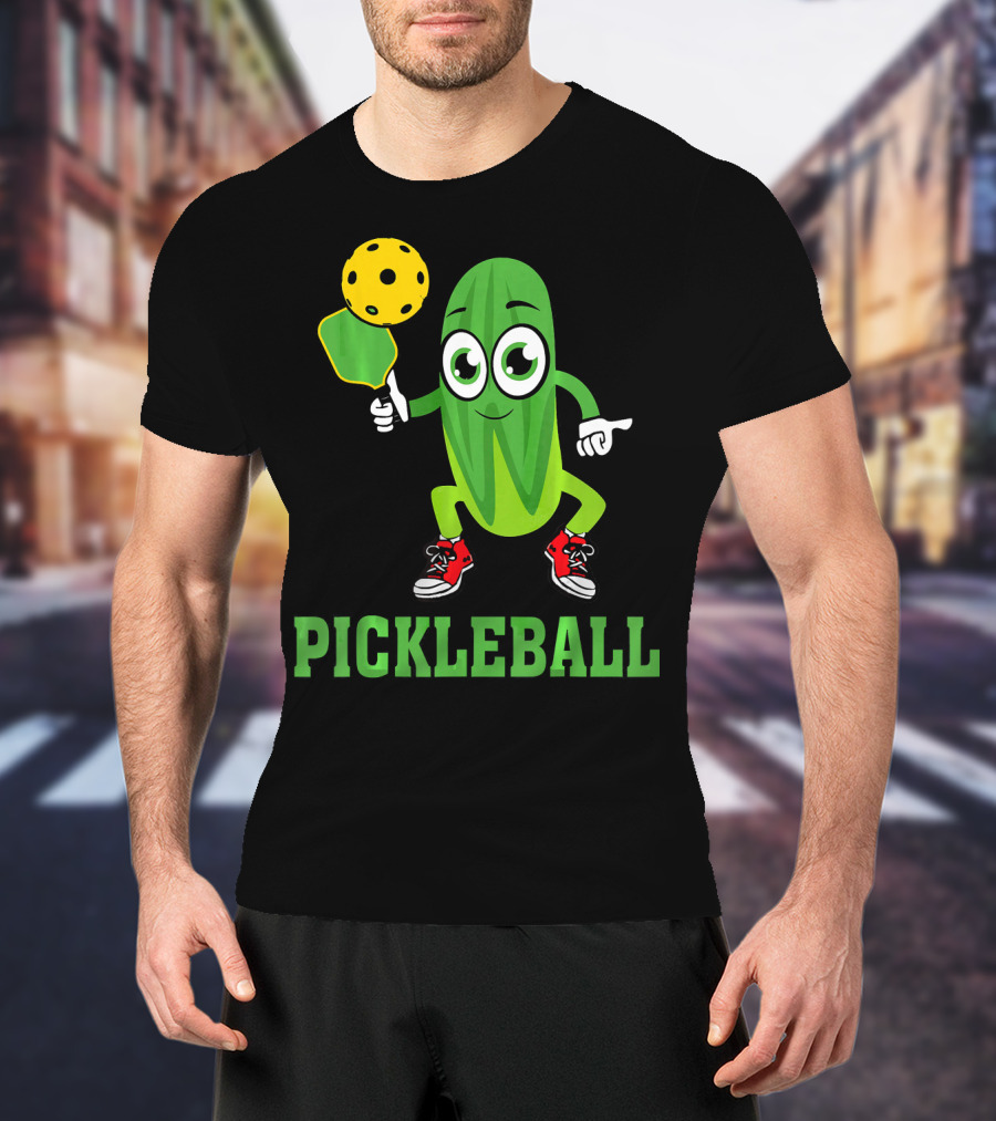 Pickle Character Playing Pickleball With Paddle And Ball T-Shirt