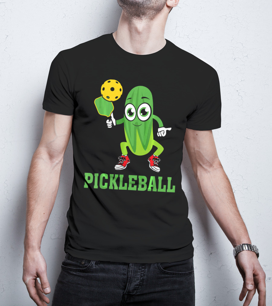 Pickle Character Playing Pickleball With Paddle And Ball T-Shirt
