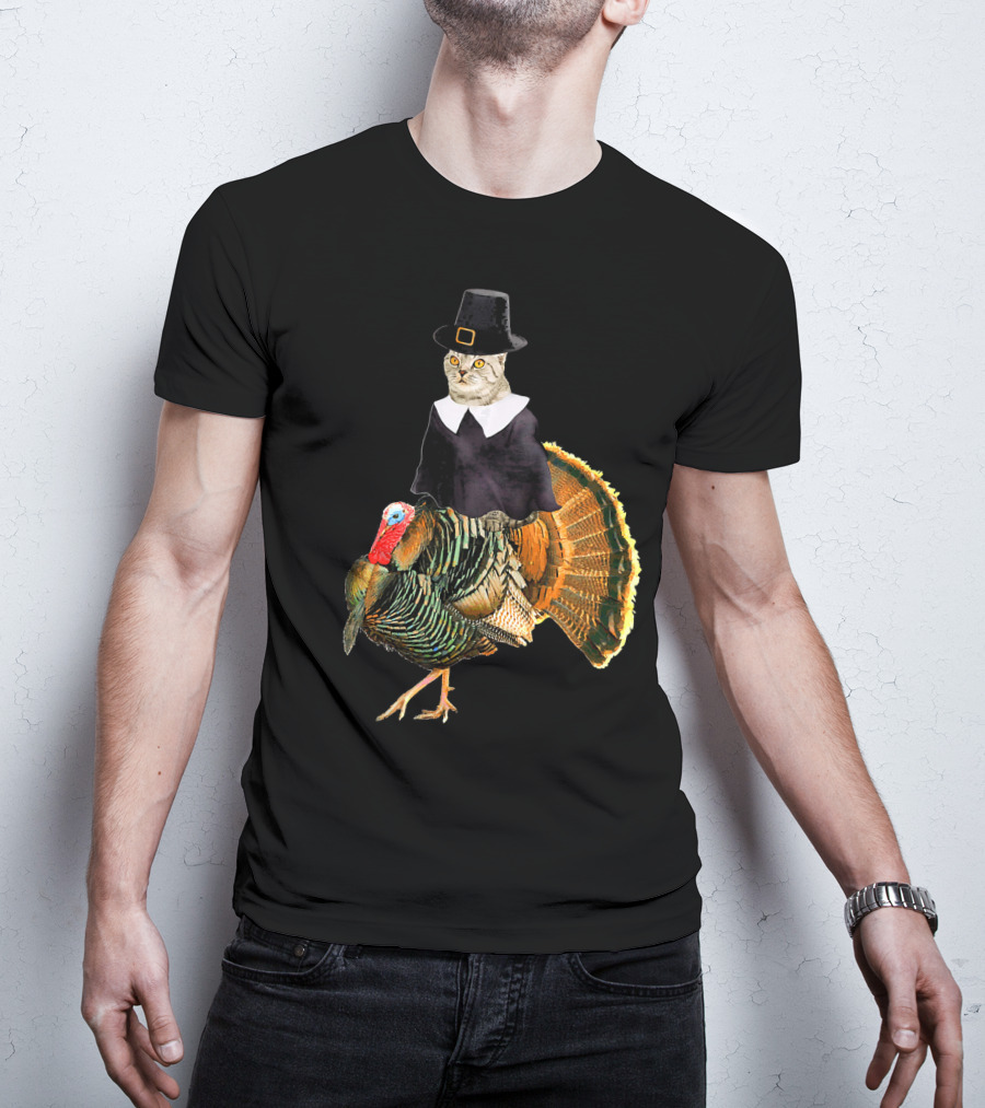 Cat In Pilgrim Outfit On Thanksgiving Turkey T-Shirt